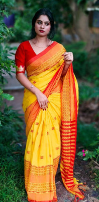 ANU INDIAN FASHION Woven Handloom Cotton Blend Saree(Yellow, Red)