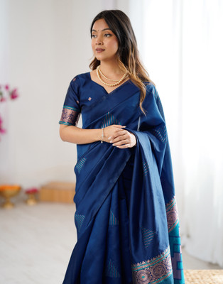 Samah Woven Banarasi Silk Blend Saree(Dark Blue)