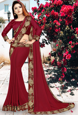Anugrah Textile Solid/Plain Banarasi Lycra Blend, Chiffon Saree(Maroon)