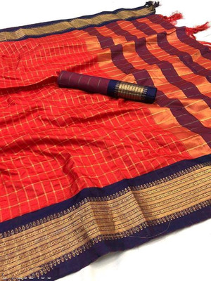 KanjiQueen Checkered Jamdani Silk Blend, Cotton Blend Saree(Red, Dark Blue)