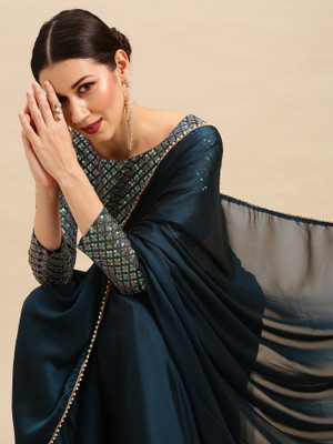 Sareemall Solid/Plain Bollywood Georgette Saree(Light Blue)
