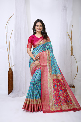 PEACHPRTALS Printed Bandhani Cotton Jute Saree(Blue)