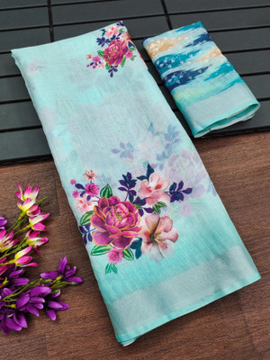 Myraani Floral Print Daily Wear Cotton Linen Saree(Light Green)