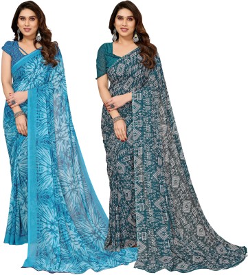 Anand Sarees Printed Daily Wear Georgette Saree(Pack of 2, Blue, Green)