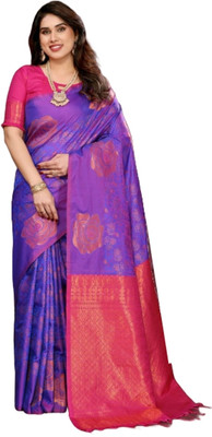 MOON VOGUE Self Design Saree with Attached Blouse Art Silk Saree(Purple)