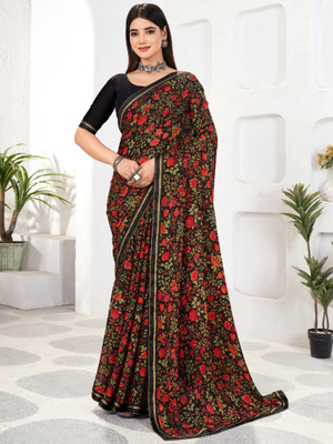 Tasrika Floral Print, Geometric Print, Digital Print, Printed Bollywood Chiffon Saree(Black)