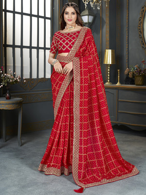 Divastri Embellished Bandhani Art Silk Saree(Red)