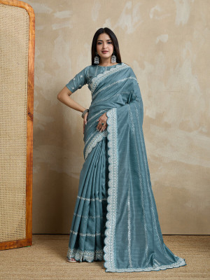 Tasrika Embroidered, Embellished Bollywood Silk Blend Saree(Blue)