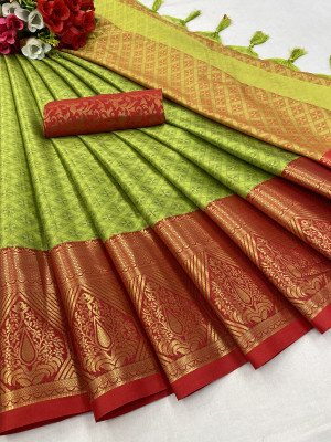 MM VENTURE Printed, Woven Dharmavaram Silk Blend Saree(Yellow)