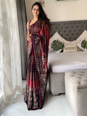 ANOUK Striped Chanderi Georgette Saree(Brown)