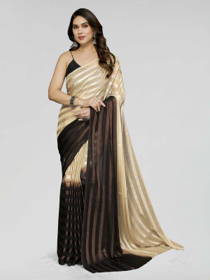 Anand Sarees Striped, Ombre, Printed Bollywood Satin Saree(Beige, Brown)