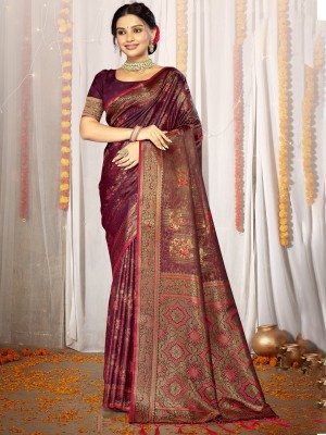 BUNAWAT Woven Handloom Satin Saree(Maroon)