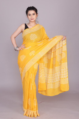 NOITAERCPR Printed Daily Wear Pure Cotton Saree(Yellow)