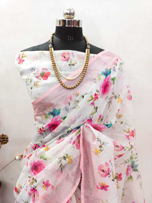 ASHTA Floral Print Kanjivaram Linen Saree(White)