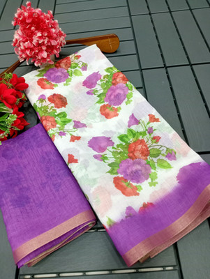 PRTRENDZ Floral Print Kanjivaram Linen, Cotton Linen Saree(Purple, White)