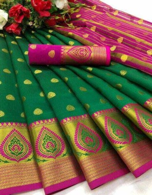 SHREE SATYAY FABRICS Woven Banarasi Cotton Silk Saree(Green)