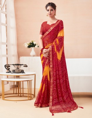 Samah Printed, Embellished Bandhani Chiffon, Georgette Saree(Red, Yellow)