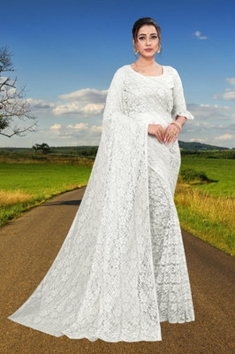Nexafashion Dyed Bollywood Net Saree(White)