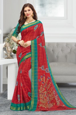 BUNAWAT Printed Handloom Cotton Blend Saree(Red)