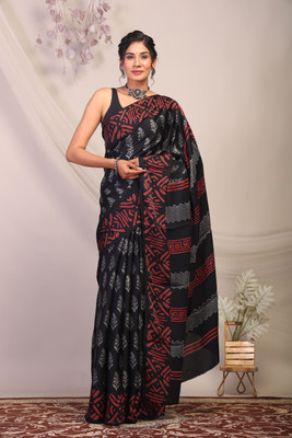 Anuttara Floral Print Bhagalpuri Silk Blend Saree(Black)