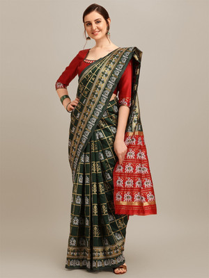 Divastri Checkered Patola Cotton Silk Saree(Dark Green)
