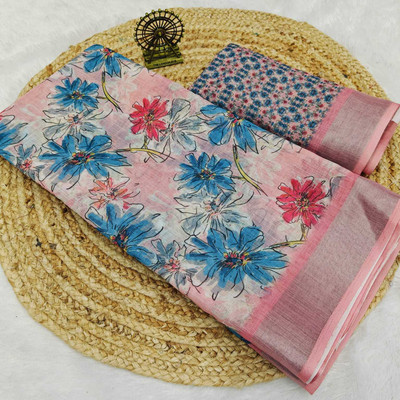 Sniccs Trend Floral Print, Printed Bollywood Linen Saree(Pink)