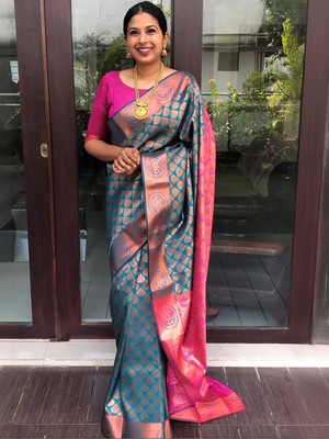 Moda Rapido Woven Daily Wear Silk Blend Saree(Blue)