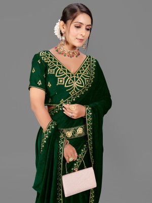 hutah Embroidered Bollywood Velvet Saree(Dark Green)