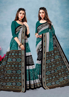 ETHNIC ODISHA HANDLOOM Printed, Digital Print, Geometric Print, Checkered, Polka Print, Graphic Print Sambalpuri Pure Cotton Saree(Dark Green, Green)