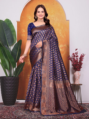 maayro Embellished Banarasi Silk Blend Saree(Dark Blue)