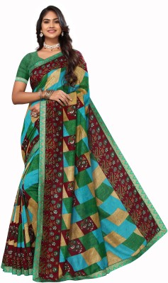 Madhur milan Floral Print, Geometric Print Bhagalpuri Art Silk Saree(Green, Multicolor)