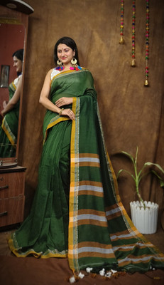 Anidipta collection Self Design Handloom Pure Cotton Saree(Dark Green)
