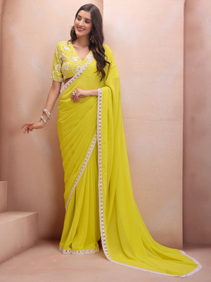 Moksha trends Solid/Plain Banarasi Georgette Saree(Yellow)