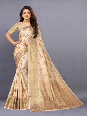 KRENIW Printed, Self Design, Woven, Floral Print Kanjivaram Jacquard, Cotton Silk Saree(Cream)