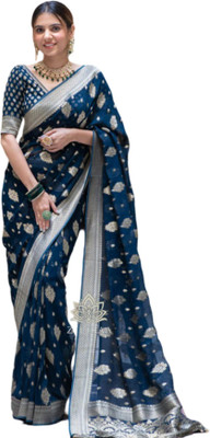 Moksha trends Printed Banarasi Pure Silk Saree(Blue)