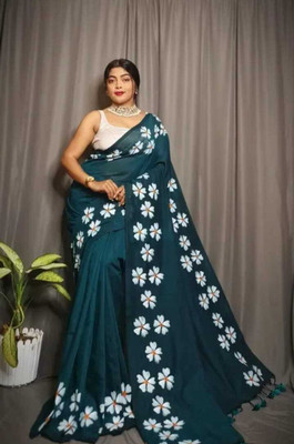 Quexle Floral Print Handloom Pure Cotton Saree(Dark Green)