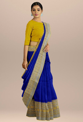 Shrutisareeghar Self Design Handloom Cotton Blend Saree(Blue)