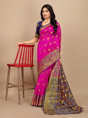 Doroly Woven Banarasi Cotton Silk Saree(Pink)