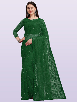 LOROFY Self Design Bollywood Net Saree(Dark Green)