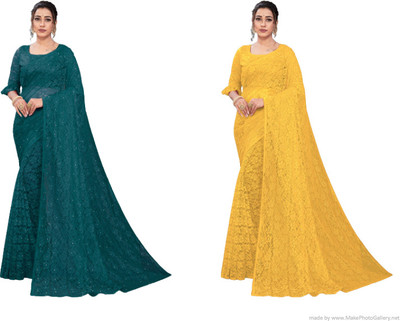 Nilkanthvarni Creation Self Design Bollywood Net Saree(Pack of 2, Dark Green, Yellow)