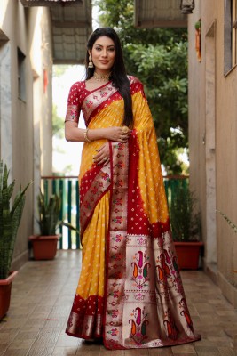 Vichitra Printed Bollywood Pure Silk Saree(Yellow)