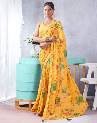 Divastri Floral Print, Printed, Embellished Bollywood Chiffon Saree(Yellow, Multicolor)