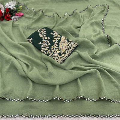 K 5 FASHION Embroidered, Self Design Bollywood Tissue Saree(Light Green)