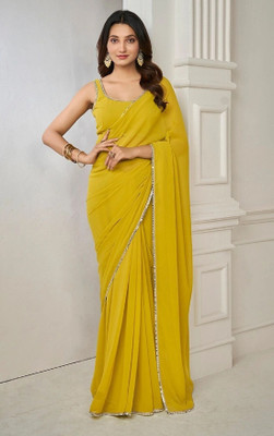 Sataz Solid/Plain Pre Draped Saree Georgette Saree(Mustard)