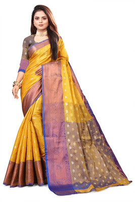 SHREE NATH CREATION Self Design, Solid/Plain Banarasi Cotton Silk, Silk Blend Saree(Yellow)