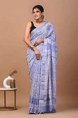 Dabu Printed Saree with Attached Blouse Linen Saree(Light Blue)
