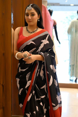 PHEASANT Digital Print Bollywood Cotton Linen Saree(Black, Red)