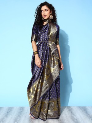 Divastri Floral Print Dharmavaram Silk Blend Saree(Dark Blue)