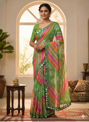 DrapeDhvani Striped, Embellished, Tie-Dye Bandhani Georgette Saree(Light Blue)