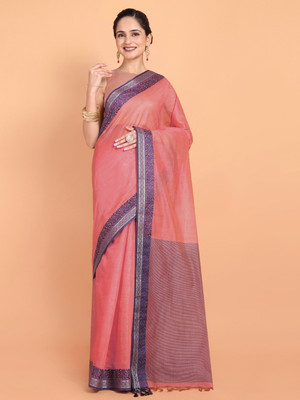 M.S.RETAIL Solid/Plain, Woven Handloom Cotton Linen Saree(Orange)
